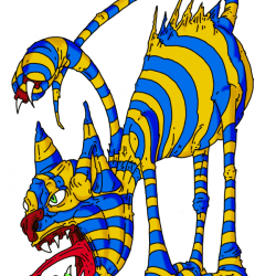 Angry blue and yellow striped swiping cat